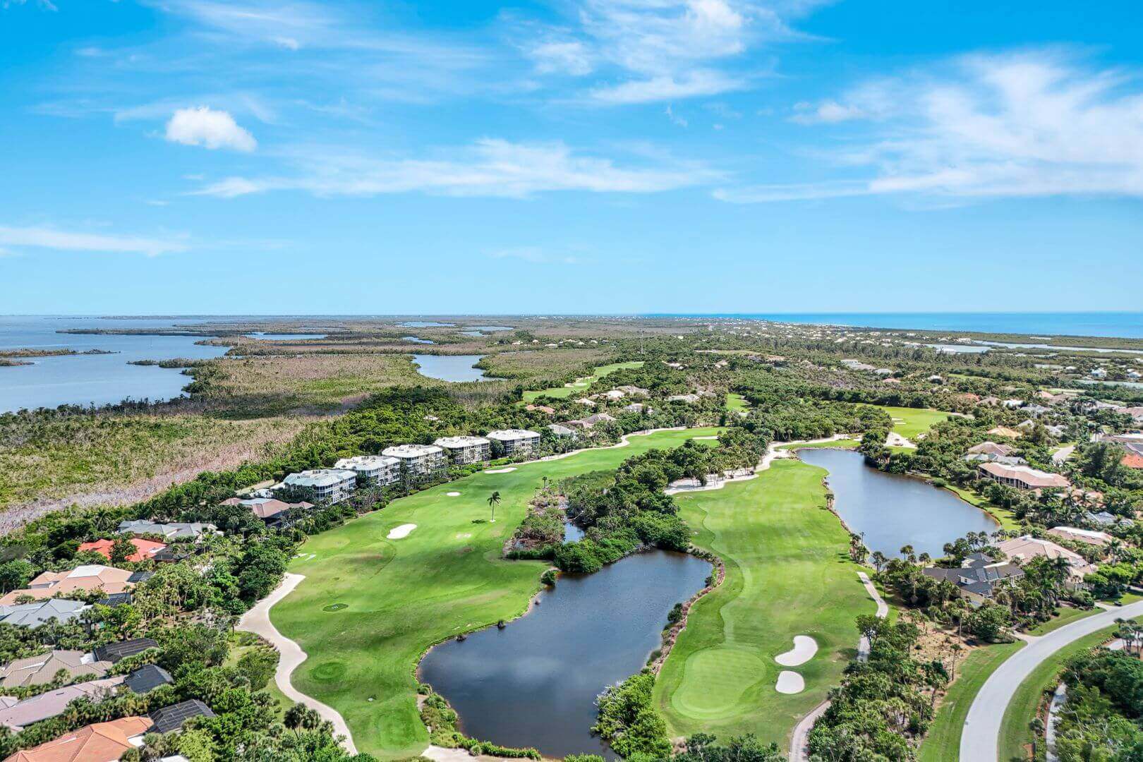 Aerial view of golf course and landscape.