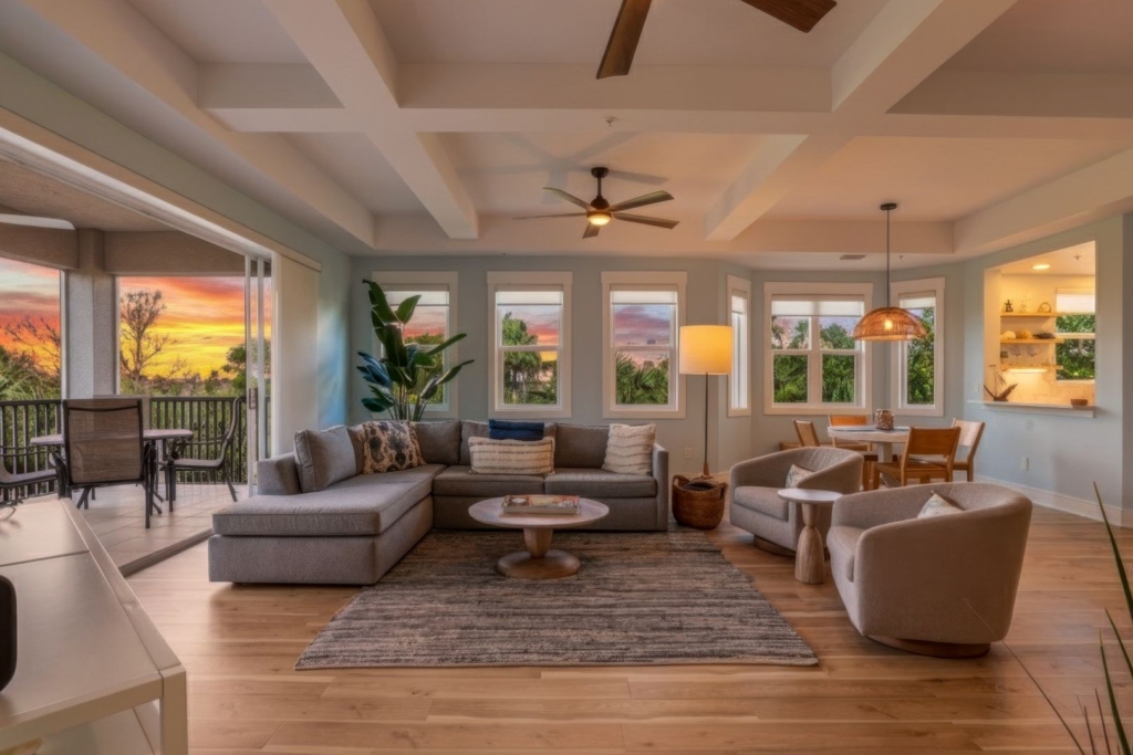 Cozy living room with sunset view.