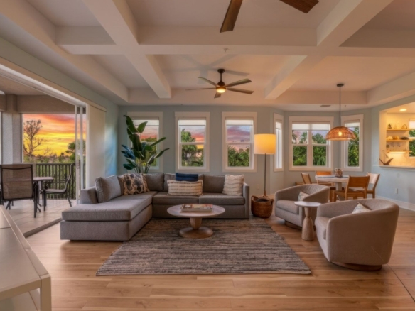 Cozy living room with sunset view.