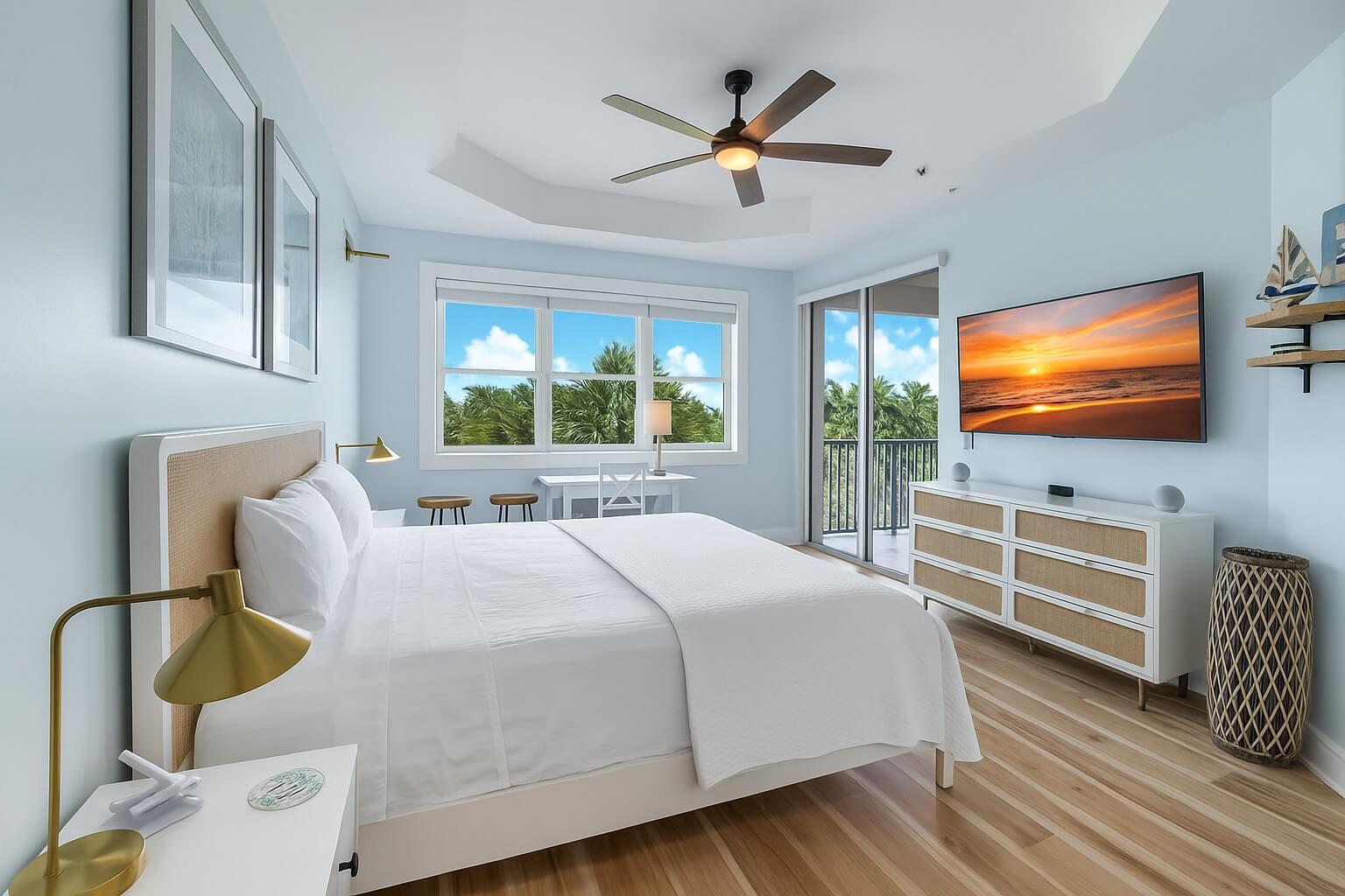 Modern bedroom with large windows and TV.