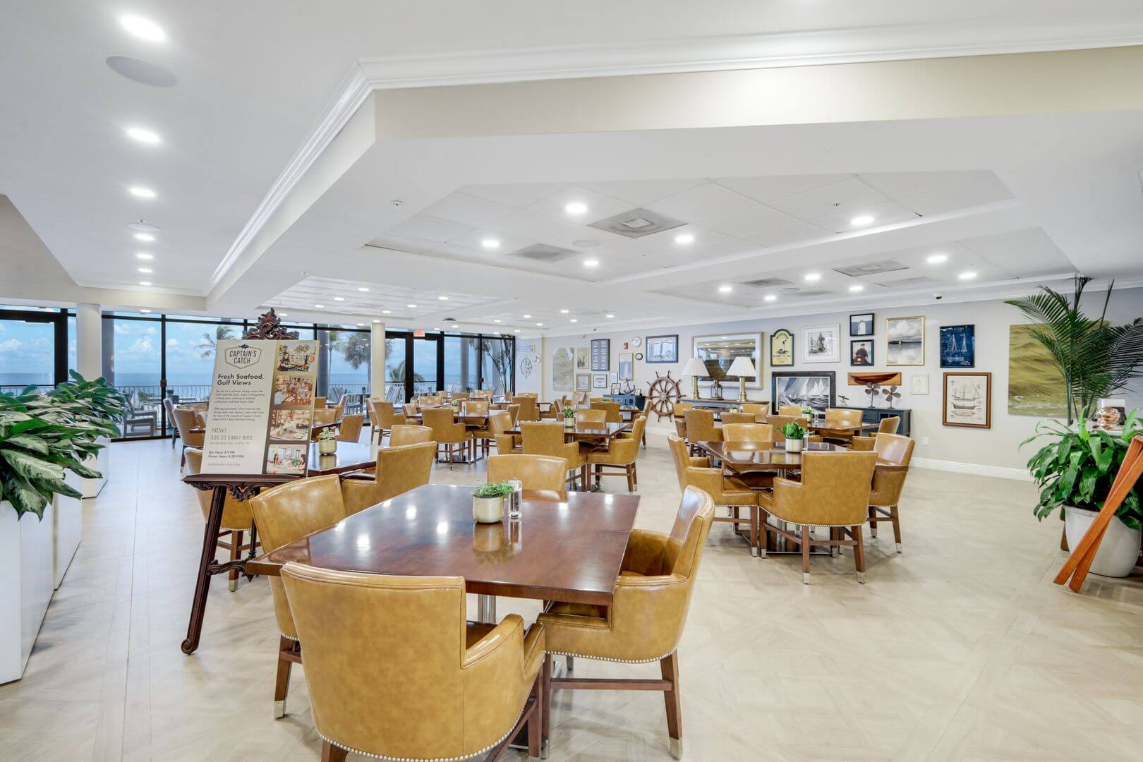 Spacious dining area with elegant decor.