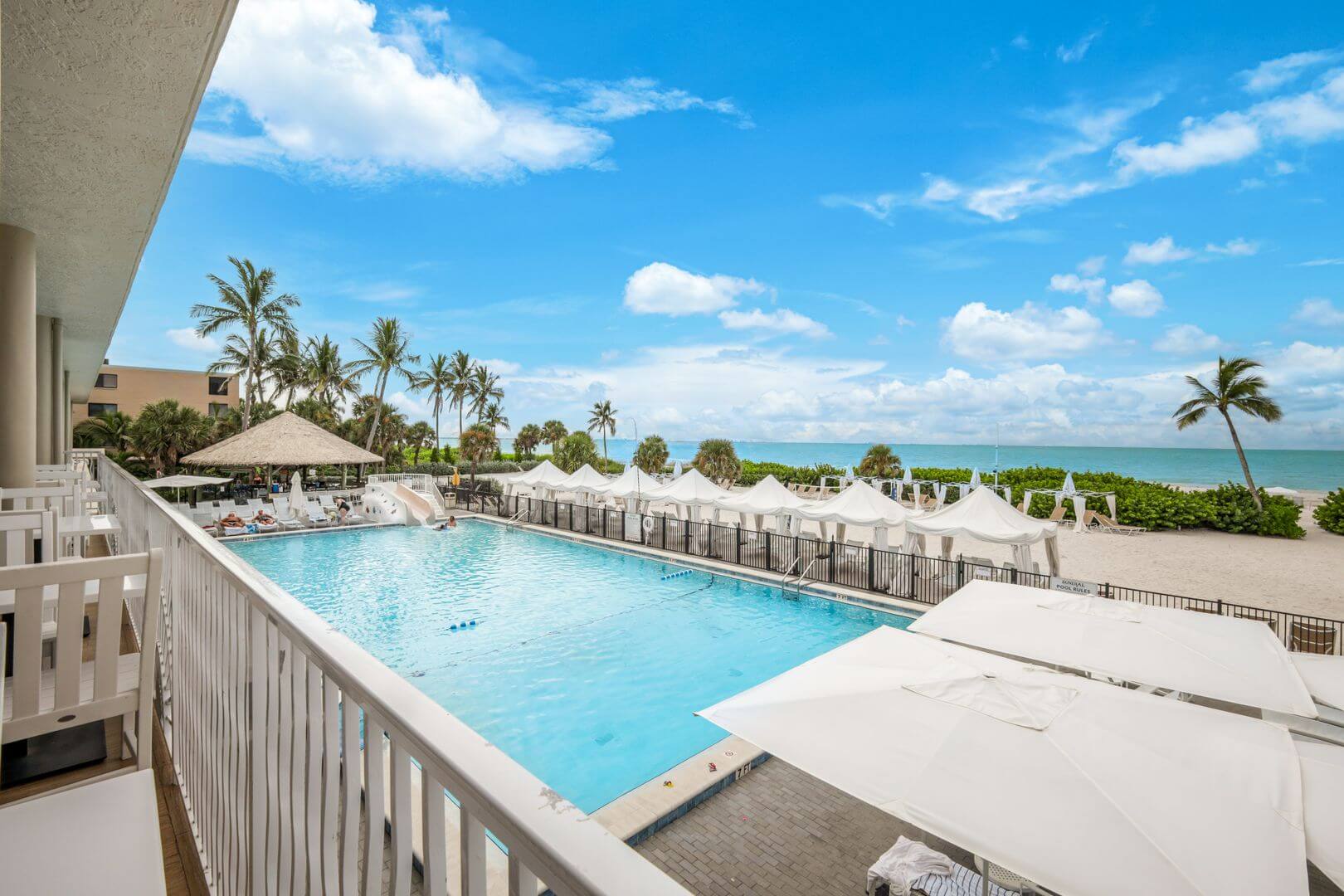 Beachfront pool with palm trees and umbrellas.